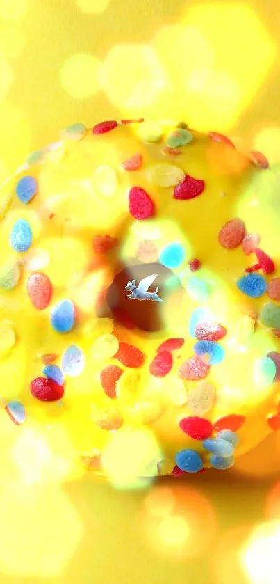 Yellow donut with colorful sprinkles on a vibrant background.