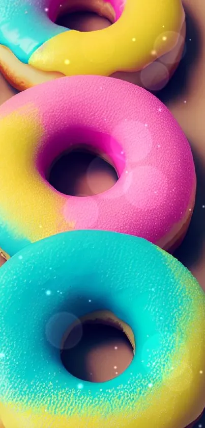 Vibrant donuts with colorful glazes in teal, pink, and yellow hues in a mobile wallpaper.