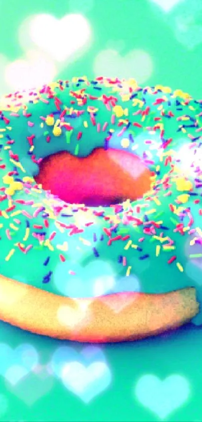 Teal background with colorful sprinkled donut wallpaper.