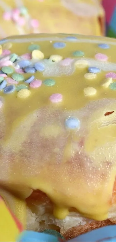 Close-up of a yellow glazed donut with colorful sprinkles.