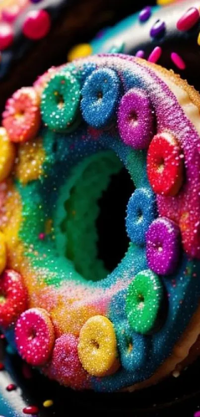A vibrant and colorful donut with rainbow sprinkles, perfect for a tasty wallpaper.