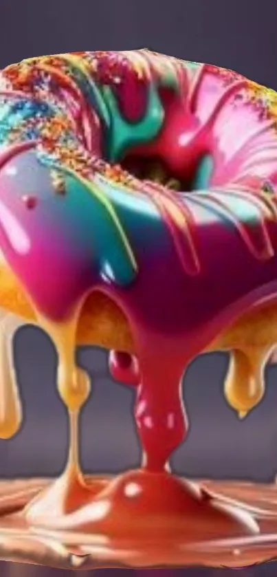 Colorful donut with vibrant dripping icing and sprinkles.