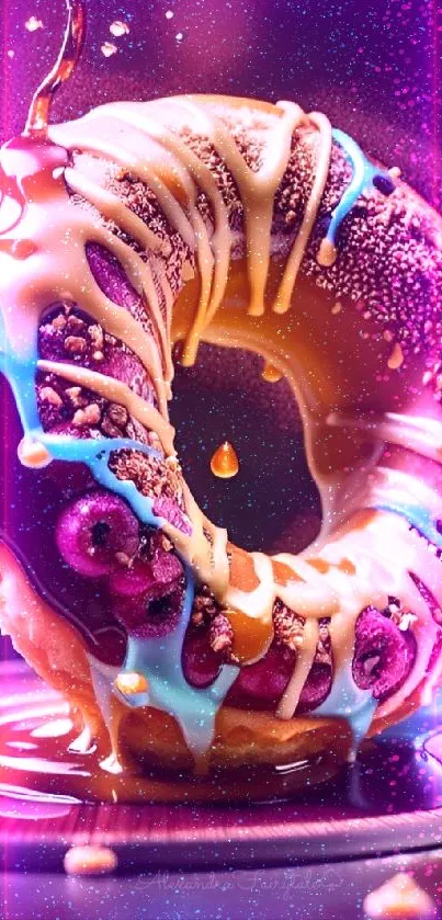 Vibrant donut with colorful glaze and drizzles.