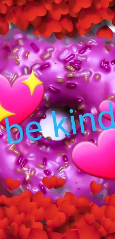 Vibrant purple donut with hearts and 'be kind' text.