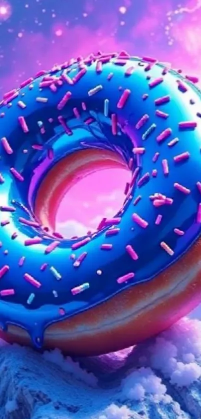 A vibrant donut with blue icing floats in a fantasy sky of pink clouds.