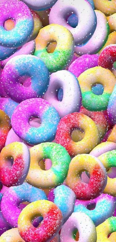 Colorful mobile phone wallpaper with vibrant donuts in various playful hues.