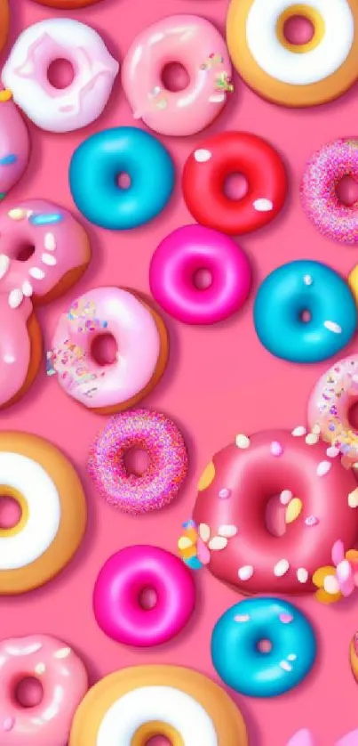 Vibrant, colorful donut pattern wallpaper on a pink background.