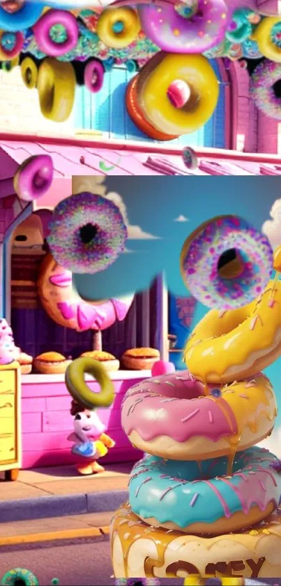 Colorful cartoon donut shop with playful doughnuts.