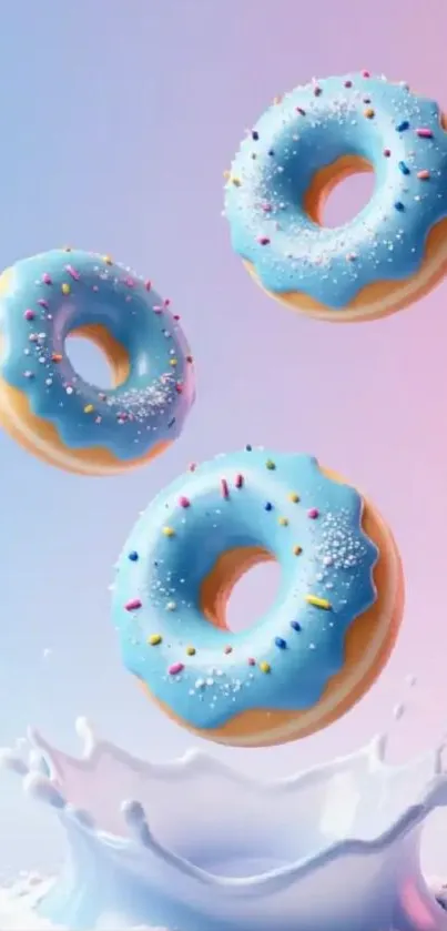 Blue frosted donuts splashing into milk with a colorful background.