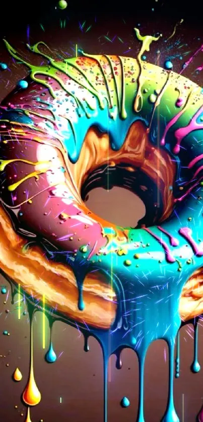 Vibrant donut with colorful paint splashes, creating a lively mobile wallpaper.