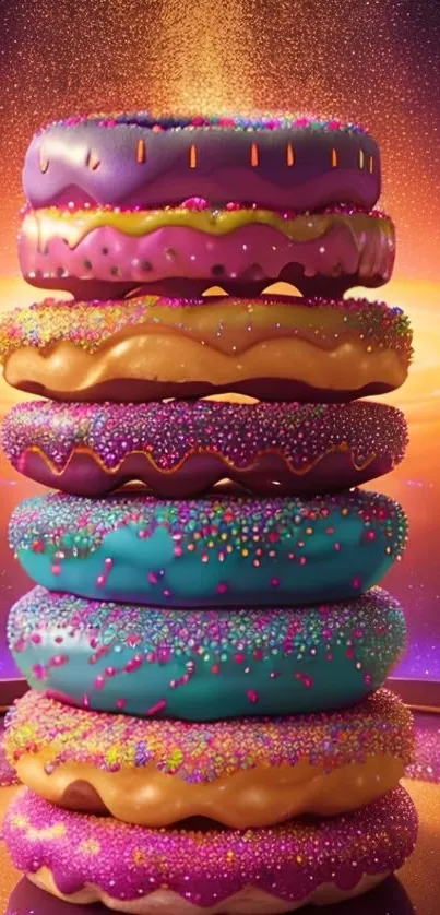 Stack of colorful donuts with vibrant sprinkles and artistic flair.