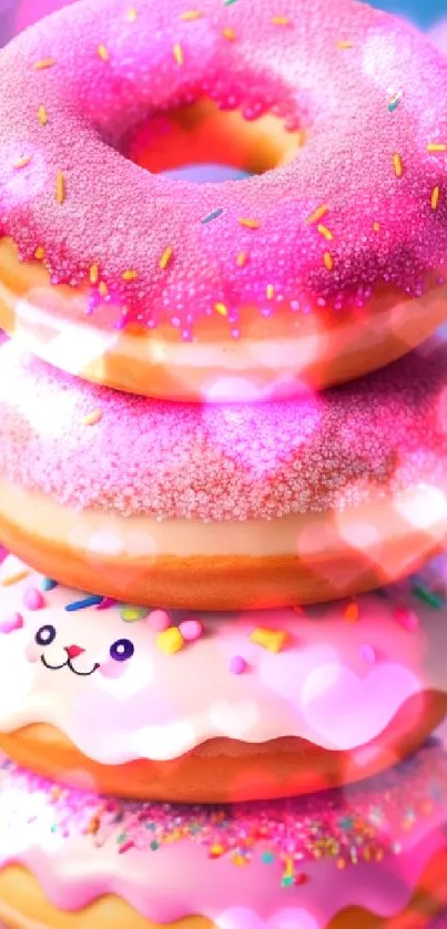 Colorful stack of decorated donuts on a vibrant background.