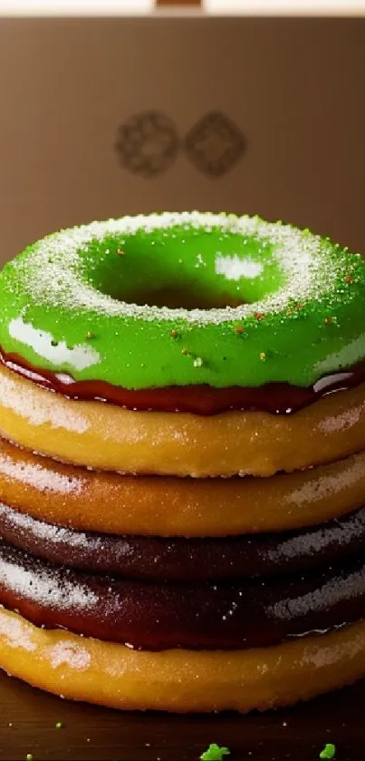 Colorful donut stack with green icing on top.