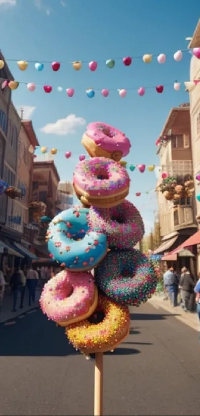 Colorful stacked donuts in a vibrant street scene.