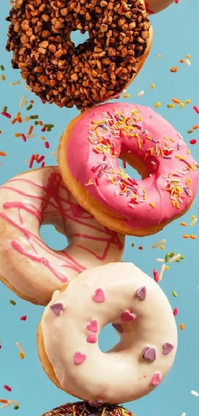 Vibrant donuts with colorful sprinkles on a sky blue background.