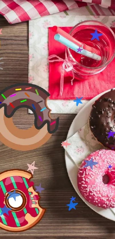 Colorful donuts on a wooden table with vibrant toppings.