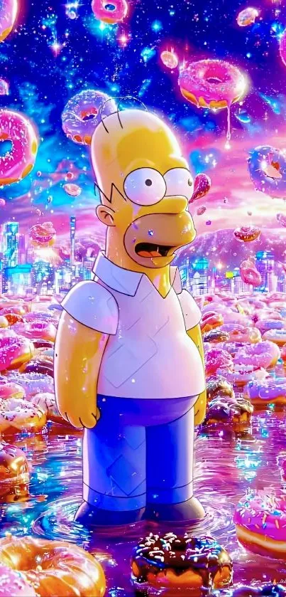 Cartoon character in a vibrant donut-filled cityscape.