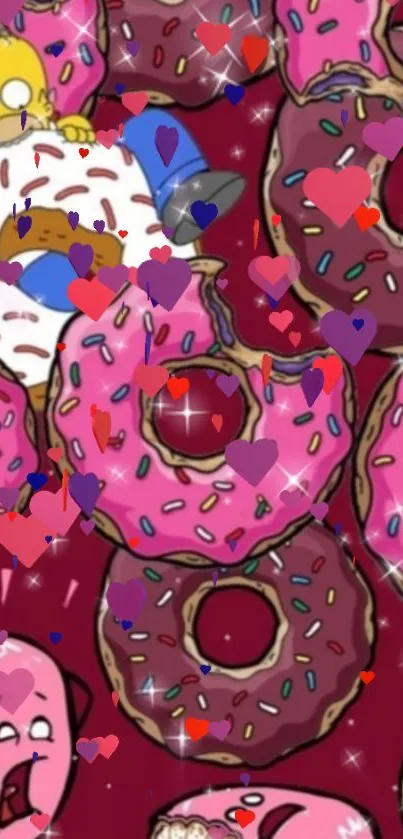 Colorful donuts and hearts wallpaper with vibrant pink hues.