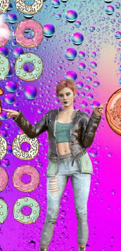 Fashionable figure with donuts on colorful gradient background.