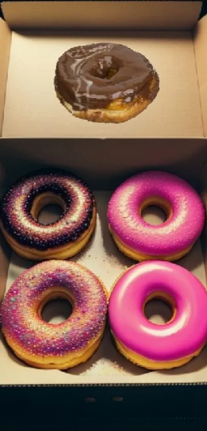 A box of colorful and glazed donuts as a mobile wallpaper.