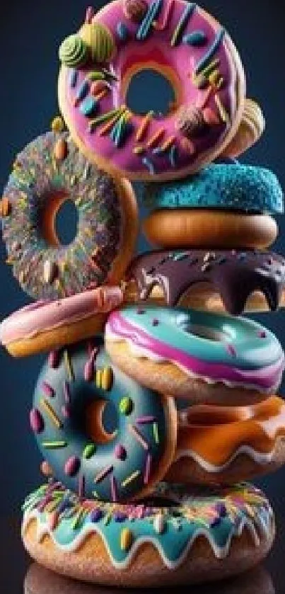 Stack of colorful donuts with sprinkles on a vibrant wallpaper background.