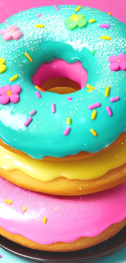 Colorful donuts stack wallpaper with sprinkles and flowers.