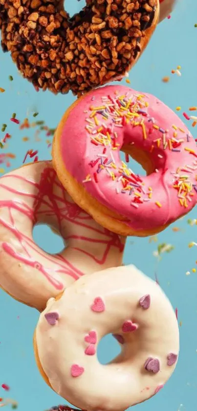 Colorful donuts with sprinkles on sky blue background.