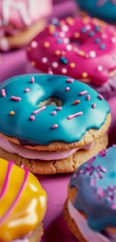 Vibrant donuts with colorful icing and sprinkles on a pink background.
