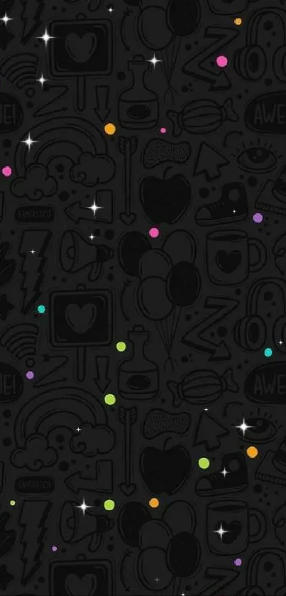 Dark wallpaper with vibrant doodles and colorful dots.