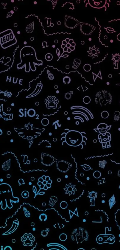 Funky phone wallpaper with neon doodles on black.