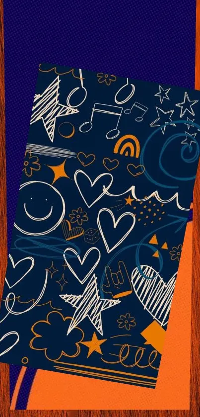 Vibrant doodle wallpaper with hearts and stars on navy background.