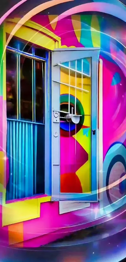 Vividly painted door with swirling abstract art design.
