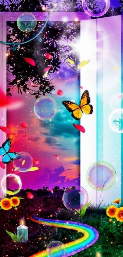 Colorful fantasy doorway with butterflies and rainbow path.