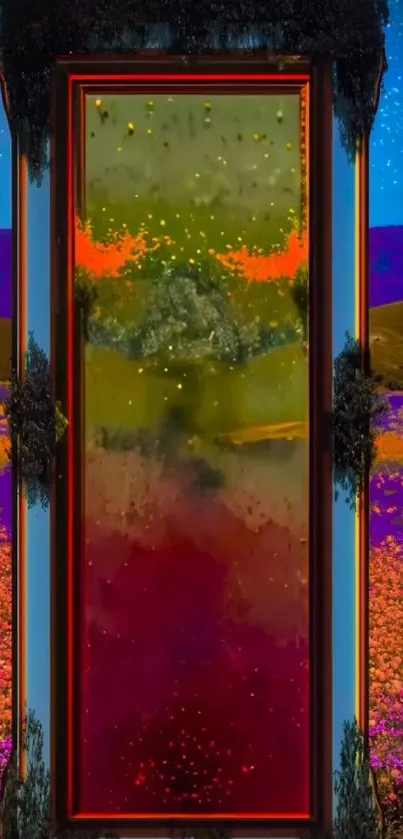 Surreal vibrant doorway in colorful landscape art.