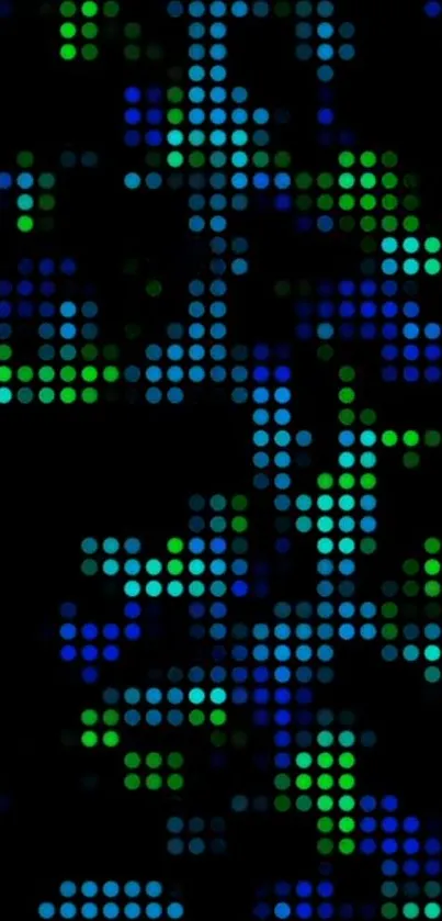 Vibrant dot matrix mobile wallpaper in blue and green on black background.