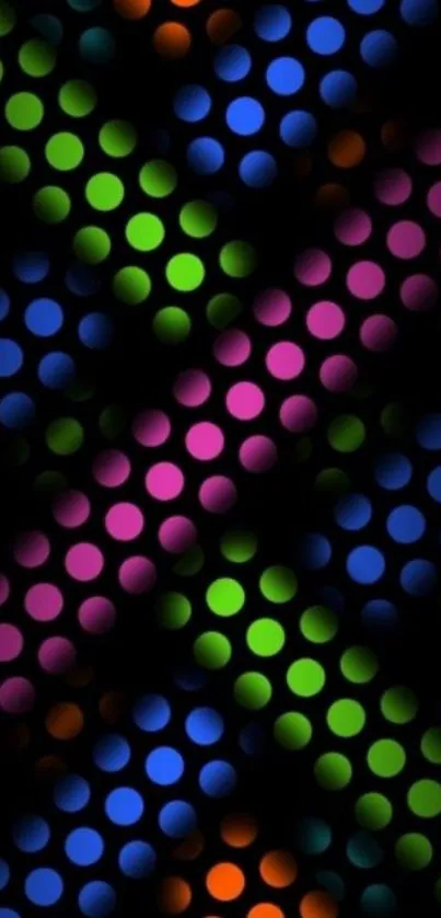 Colorful neon dots on a black background mobile wallpaper.