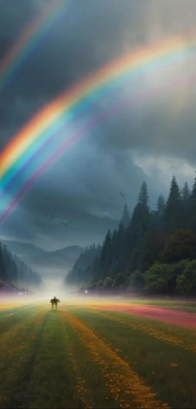 Vibrant double rainbow over a green forest with a dramatic sky.