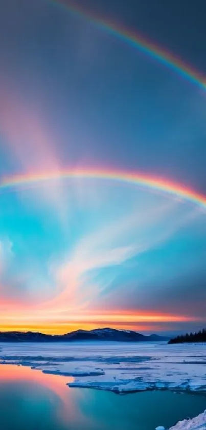 Double rainbow over icy landscape at sunset, reflecting vibrant colors in the water.