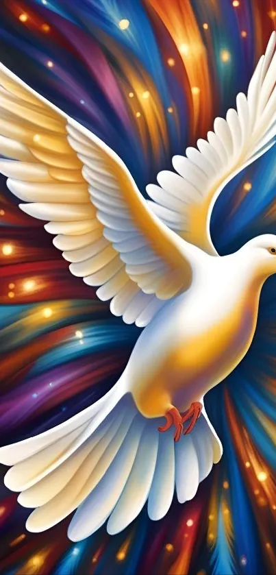 Abstract dove with colorful swirling background on mobile wallpaper.