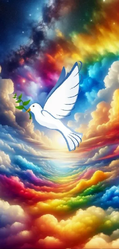 White dove flying amidst rainbow clouds in vibrant sky wallpaper.