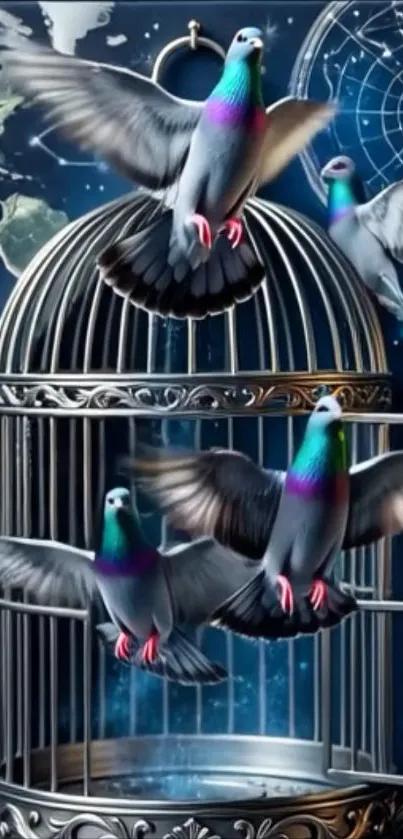Colorful doves flying from ornate cage with cosmic background.
