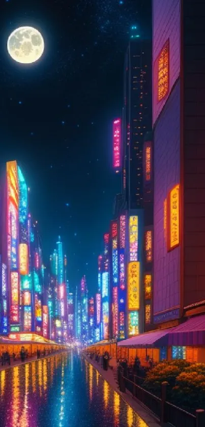 Vibrant city nightscape with neon lights and full moon.