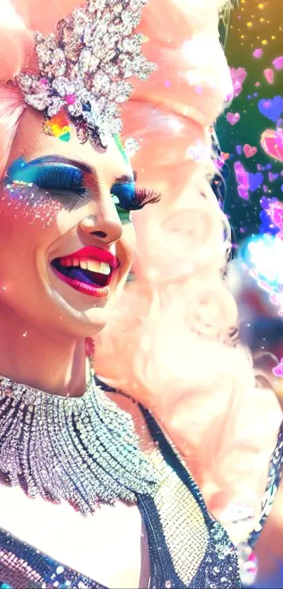 Vibrant drag queen wallpaper with crystals and colorful background.