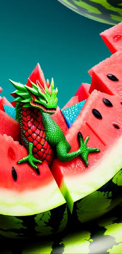 Colorful dragon nestled in watermelon slices.