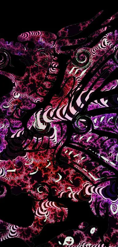 Vibrant abstract dragon design with red and purple swirls on a dark background.