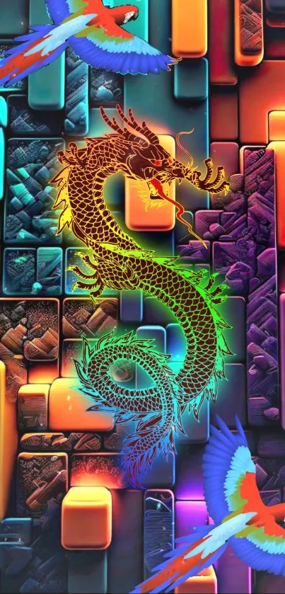 Vibrant dragon and parrots art with geometric background.