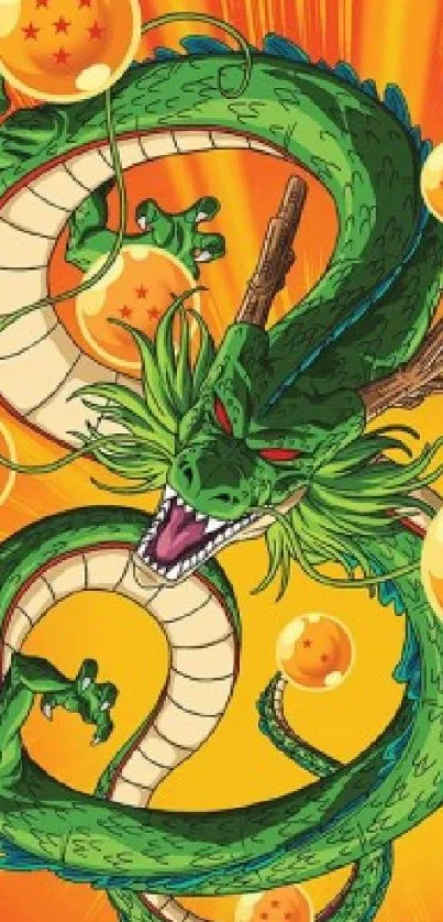 Green dragon on vibrant orange background with dragon balls.