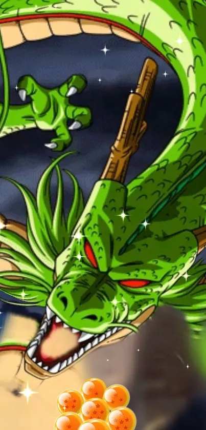 Vibrant green dragon with glowing eyes in anime style wallpaper.