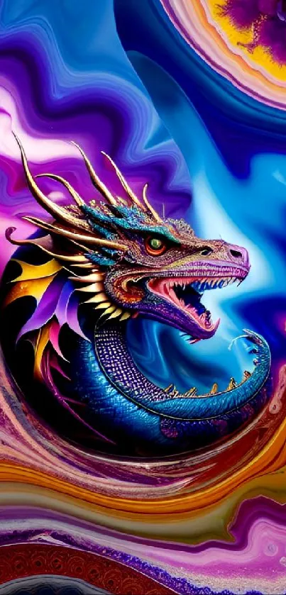 Colorful dragon art with vibrant hues on a swirling abstract background.