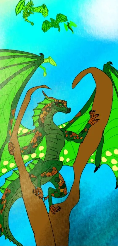 Vibrant green dragon art on blue background for mobile wallpaper.